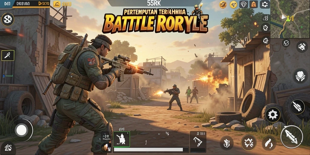 Screenshot 55RK menampilkan intensitas pertempuran Battle Royale yang mendebarkan.