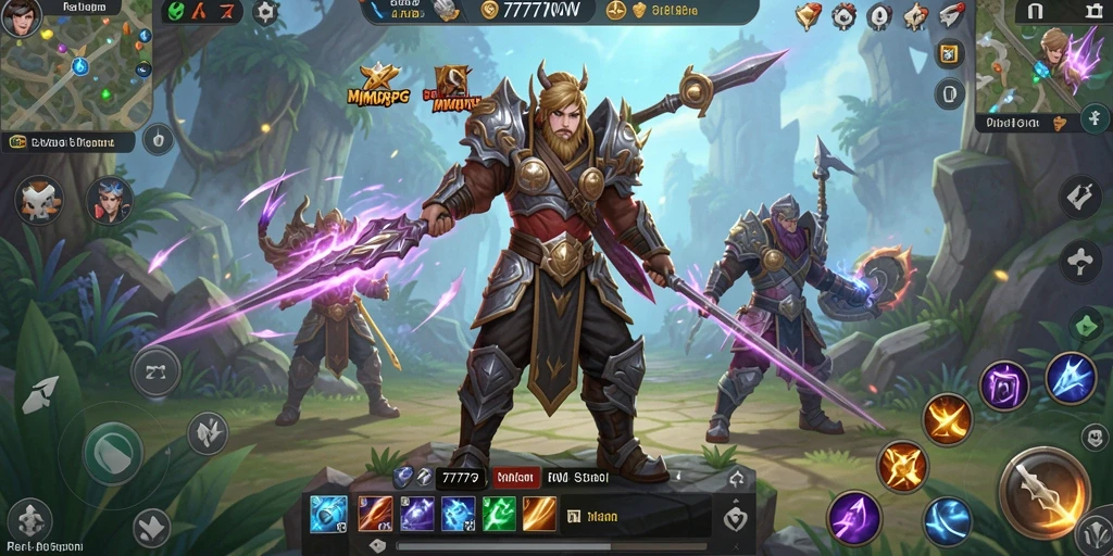 Tangkapan layar gameplay 7777W menunjukkan aksi seru dalam pertempuran MMORPG.