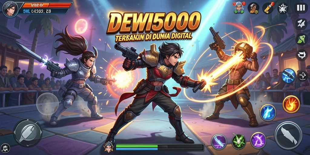 Gameplay DEWI5000 dengan karakter bertarung di arena.