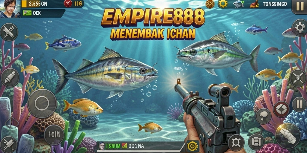 Screenshot gameplay EMPIRE88 saat menembak ikan dengan efek menarik.