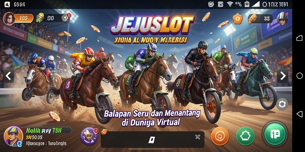 Tampilan permainan JEJUSLOT menunjukkan aksi balapan mendebarkan di trek yang menantang.