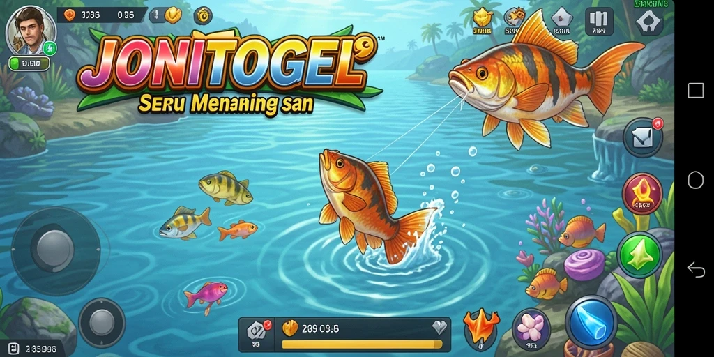 Gameplay menarik JONITOGEL dengan memancing di danau yang indah.