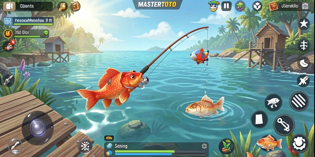Gameplay MASTERTOTO dengan lokasi memancing yang indah dan ikan yang beragam.