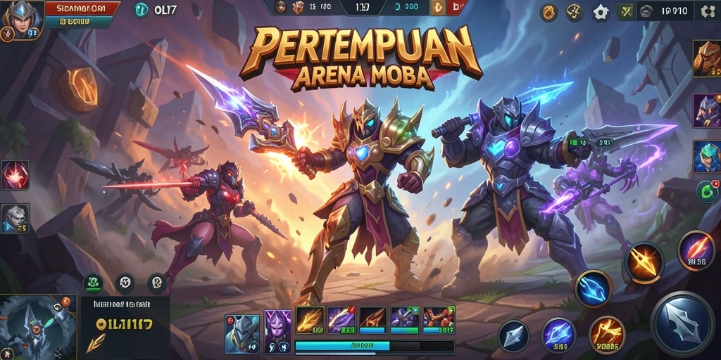 Screenshot utama OLX17 menampilkan pertempuran seru karakter dalam arena MOBA.