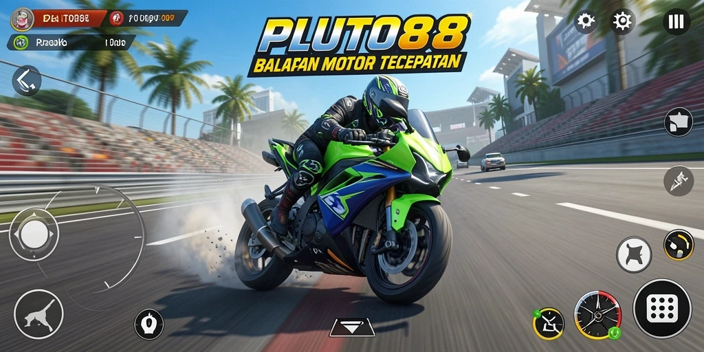 Screenshot gameplay <strong>PLUTO88</strong> menampilkan balapan motor yang mendebarkan.