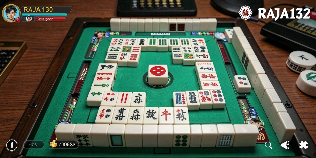 Tampilan permainan RAJA132 dengan ubin Mahjong yang berwarna-warni dan menantang.